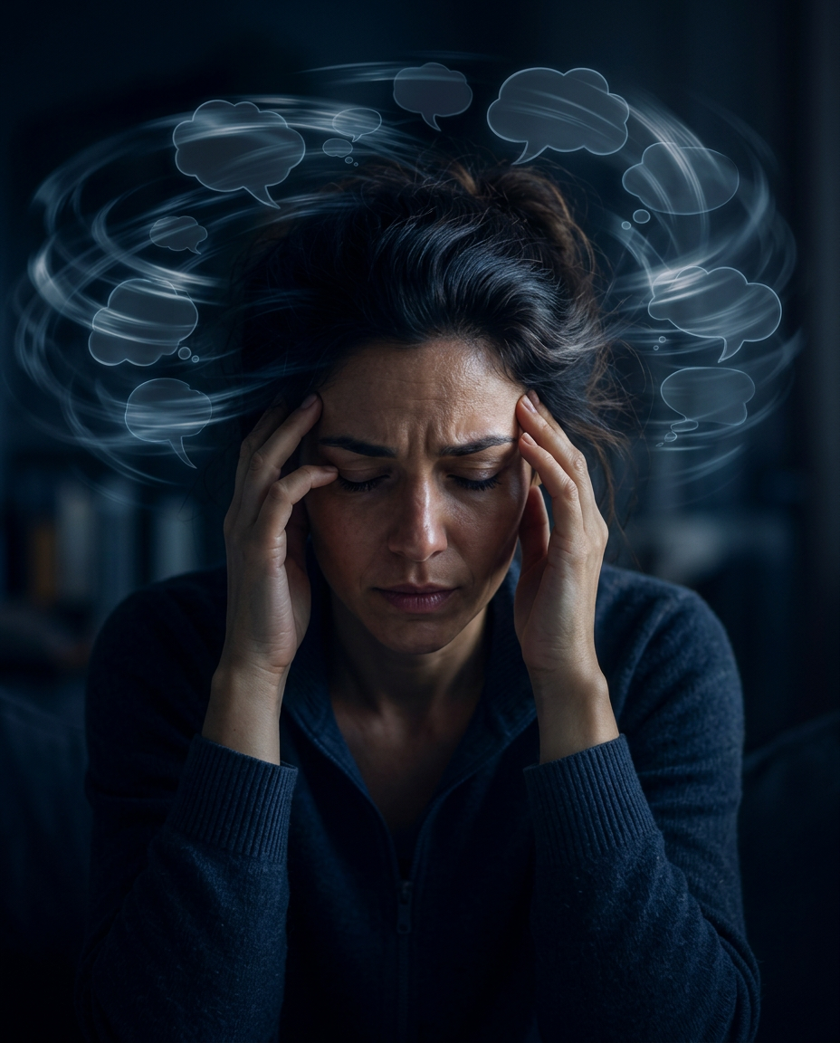 Mulher com a mente acelerada e pensamentos a mil, representando as ruminações diárias